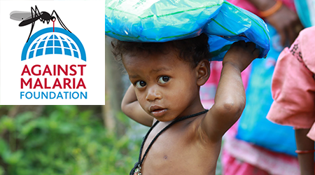 Un jeune garçon tenant une moustiquaire imprégnée d'insecticide de la fondation Against Malaria.