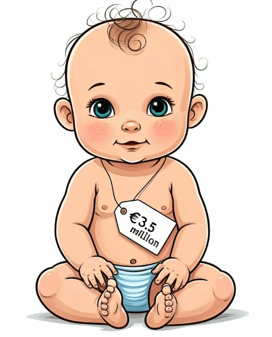 bébé de bande dessinée avec une étiquette de prix montrant le coût d'une vie en france