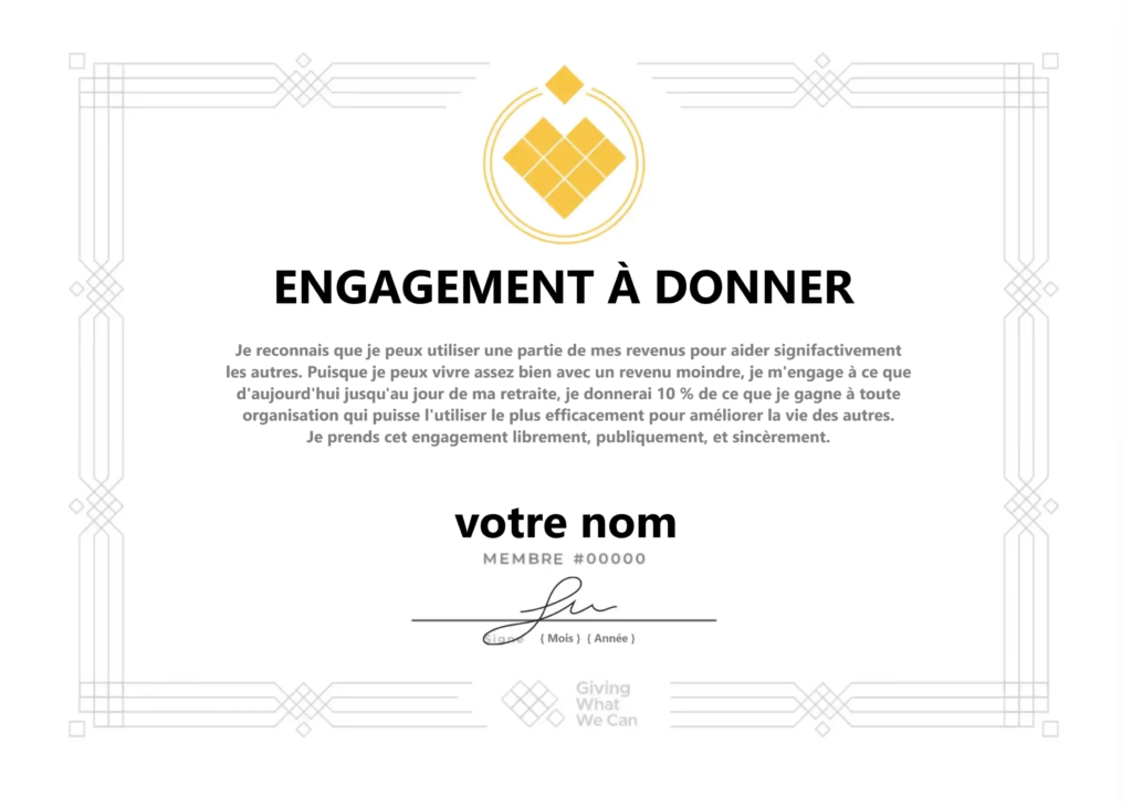 Certificat de l'Engagement des 10% de Mieux Donner, à signer pour s'engager à donner 10% de ses revenus à des associations efficaces