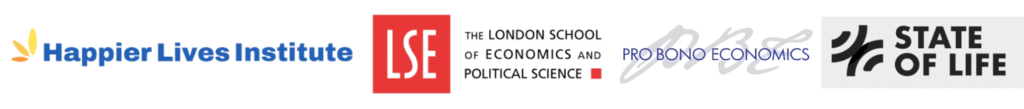 Logo du Happier Lives Institute, Lond School of Economics, Pro Bono Economis, et State of Life