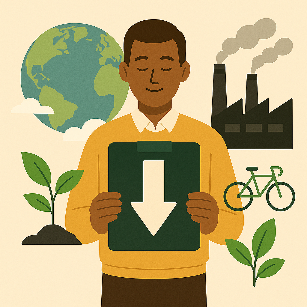 IIllustration guide réduction empreinte carbone : scopes d'émissions, gestes du quotidien et dons à des associations climatiques
