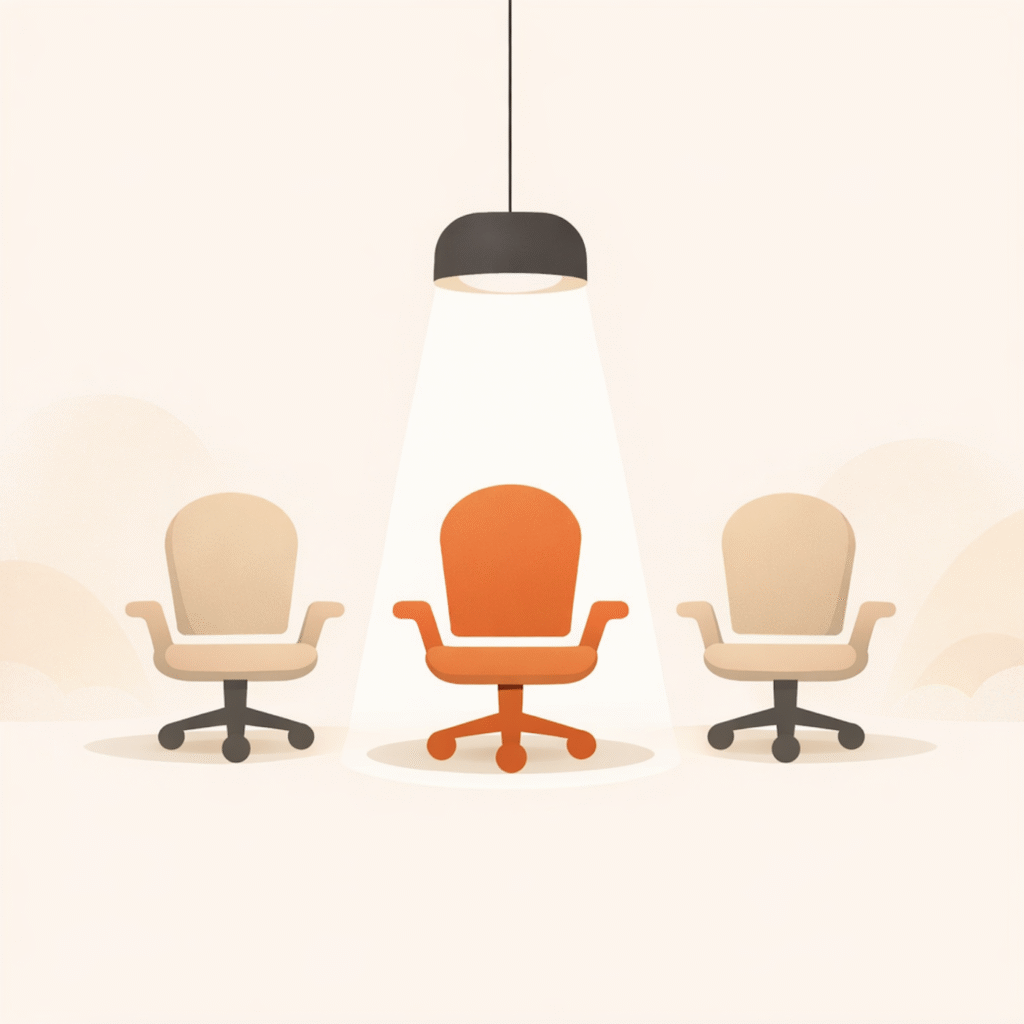 Mieux donner aide les individus à donner efficacement et recrute des talents pour diffuser la norme de la générosité efficace. Image d'une lumière éclairant une des trois chaises du bureau.