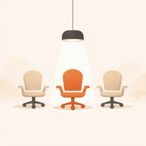 Mieux donner aide les individus à donner efficacement et recrute des talents pour diffuser la norme de la générosité efficace. Image d'une lumière éclairant une des trois chaises du bureau.