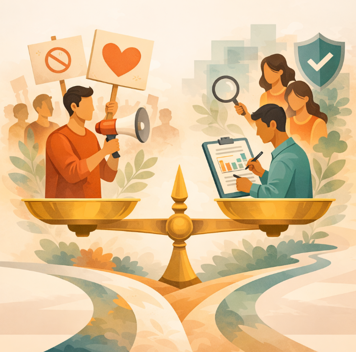 Illustration douce et épurée dans des tons beige, orange et vert d’eau. Au centre, une grande balance dorée symbolise la mise en balance de deux approches. À gauche, une personne tient un mégaphone et deux pancartes dans une scène évoquant la mobilisation collective. À droite, une autre personne consulte un document avec graphiques, entourée de quelques silhouettes et d’un symbole de protection, dans une scène suggérant l’analyse et la stratégie. En bas, deux chemins convergent vers la balance, renforçant l’idée de choix entre deux méthodes.