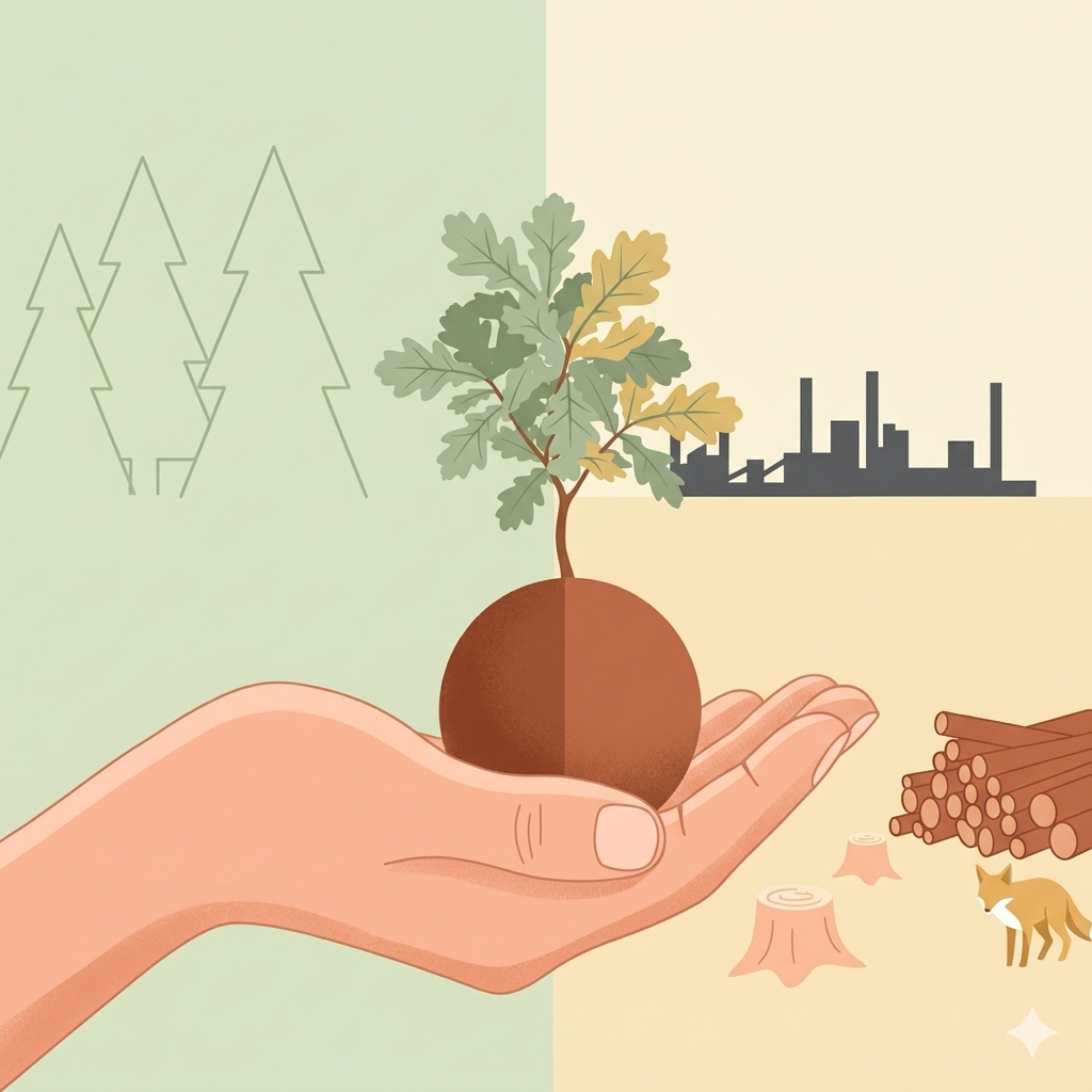 L'image représente une main humaine tenant délicatement un petit arbre enraciné dans une motte de terre. L'arbre est entouré d'une bulle protectrice transparente, symbolisant l'idée de "rewilding local". À l'extérieur de la bulle, on aperçoit une scène de dégradation de la biodiversité (arbres abattus, animaux sauvages en danger, etc.), suggérant l'idée de "dommages à la biodiversité mondiale". L'image est complétée par un texte explicatif concis, intégrant les mots-clés de votre article (rewilding, local, planète, biodiversité, etc.).