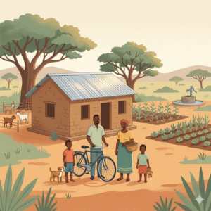 Plan large, lumière du matin. Famille devant une maison avec toit en tôle neuf, environnement rural africain. Représentant l'impact des dons d'argent inconditionnels