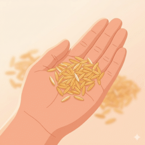 A close-up of golden-coloured rice grains in an open hand, warm natural light, shallow depth of field