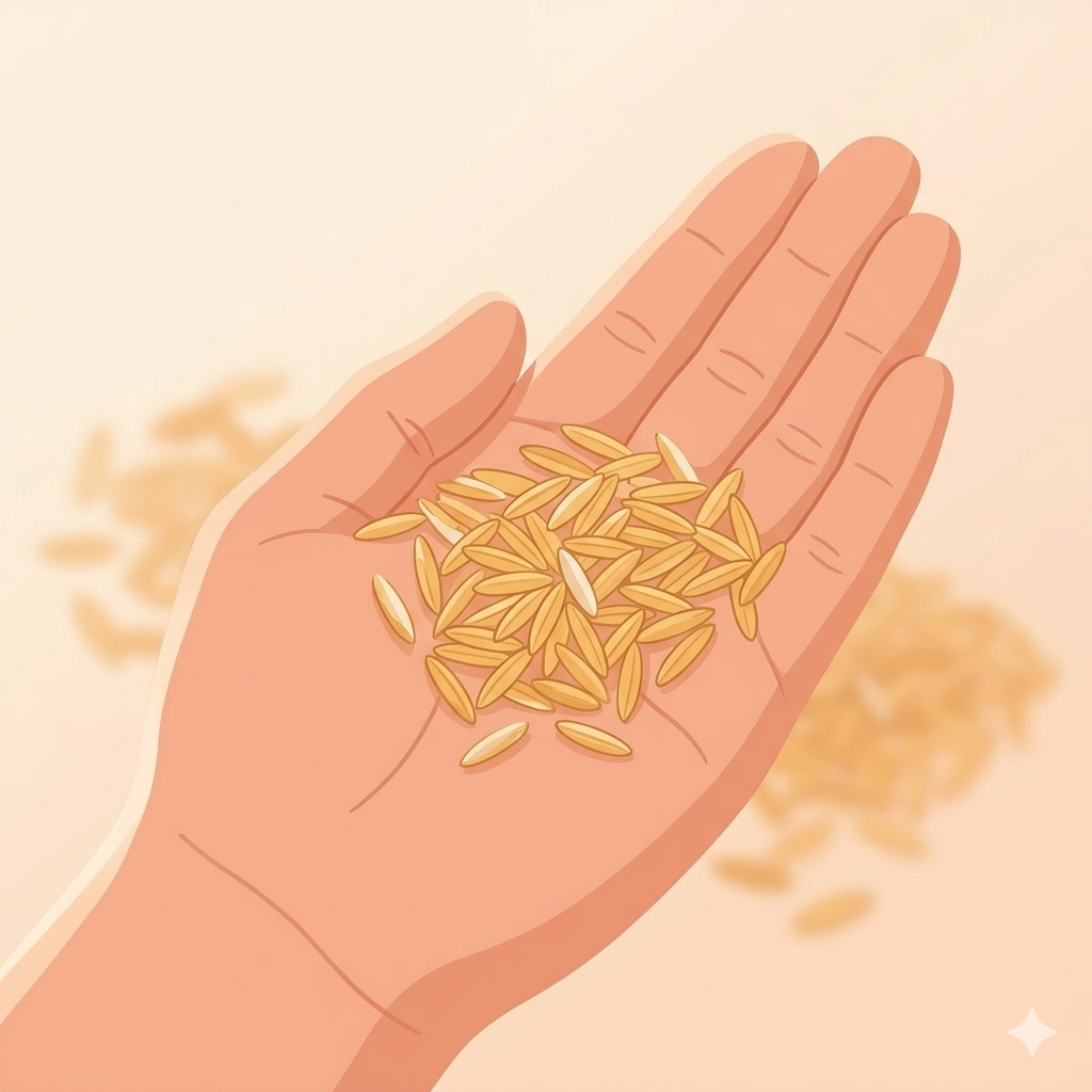 A close-up of golden-coloured rice grains in an open hand, warm natural light, shallow depth of field
