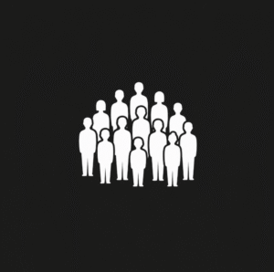 Minimalist flat illustration: small white human silhouettes arranged in a tight cluster on a dark charcoal background.
