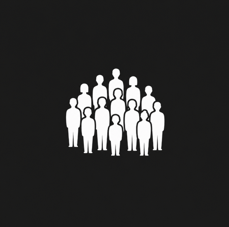 Minimalist flat illustration: small white human silhouettes arranged in a tight cluster on a dark charcoal background.