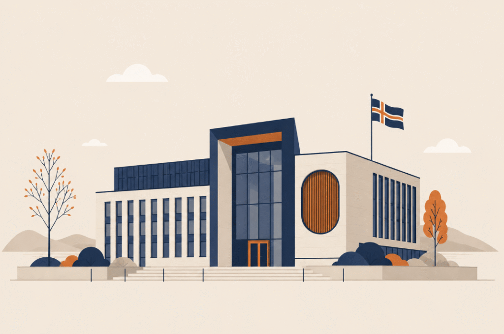 A stylized modern Nordic building (governmental, calm architecture) in navy blue with touch of orange