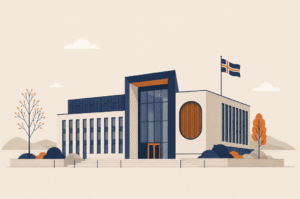 A stylized modern Nordic building (governmental, calm architecture) in navy blue with touch of orange