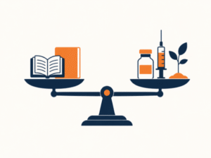 Illustration vectorielle minimaliste d'une balance comparant deux interventions, avec des icônes simples (livre, vaccin, plant), palette navy et orange.