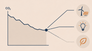 Un graphique qui montre du CO2 en baisse et qui pointe trois explications possibles.