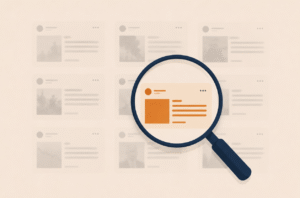 A clean editorial illustration showing a magnifying glass over a grid of social media headlines, with some headlines fading out (grey, blurred) and one remaining sharp and highlighted in amber. Minimal flat design, navy and warm beige palette
