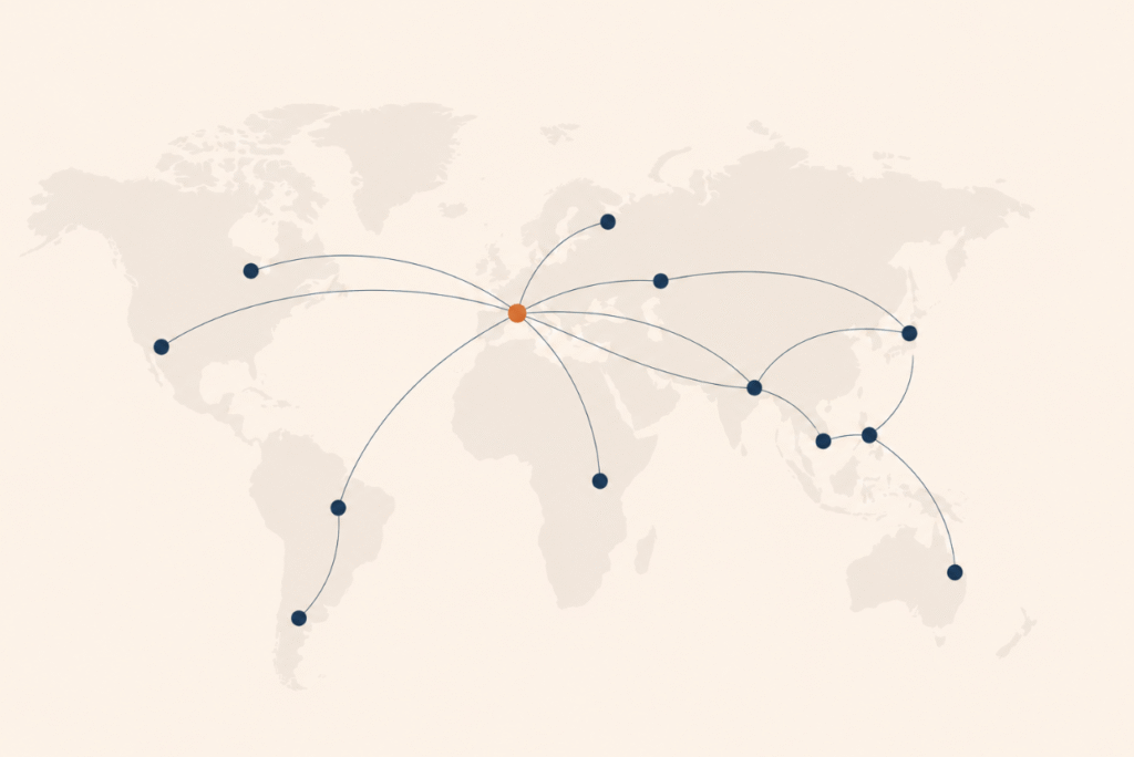A stylised world map with a dozen soft nodes connected by thin arcs, one node in France gently highlighted in terracotta, the rest in navy.