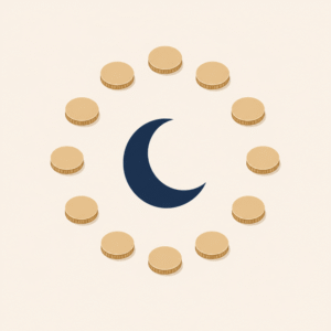 Pièces de monnaie dorées disposées en cercle autour d'un croissant de lune. Article sur où donner sa zakat et sadaqa.