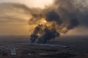 Photo évoquant les risques existentiels: colonne de fumée montant dans un soleil couchant